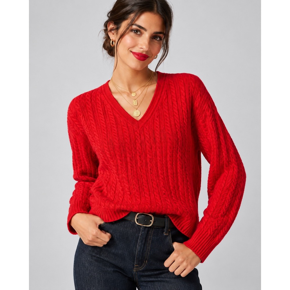 J.Crew Womens Red 100% Merino Wool Cable Knit V-Neck Sweater Size Large NEW